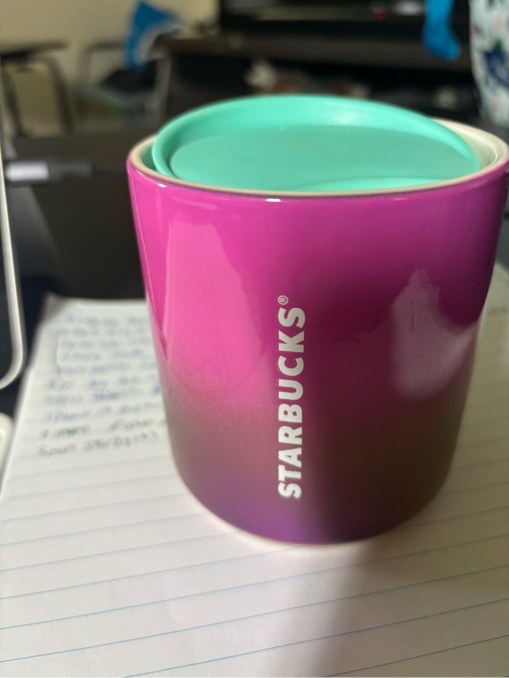 Starbucks Ceramic Travel Mug in Magenta with Teal Lid